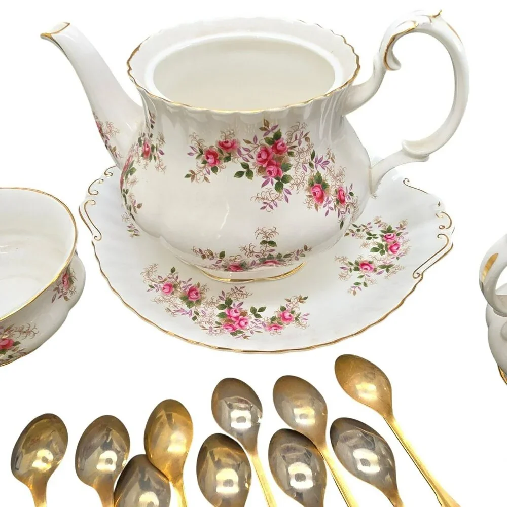 Vintage Royal Albert Tea Set Floral Lavender Rose Gold-Plated Spoons VL4021